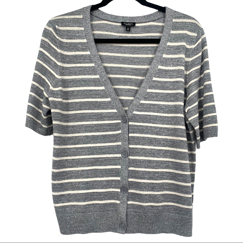 Talbots Silver Metallic Grey White Striped Short Sleeve V Neck Cardigan Medium
